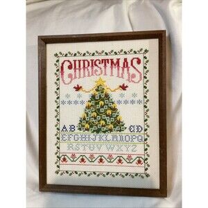 Sunset Designs 1982 Embroidered CHRISTMAS TREE SAMPLER Completed Crewel Framed